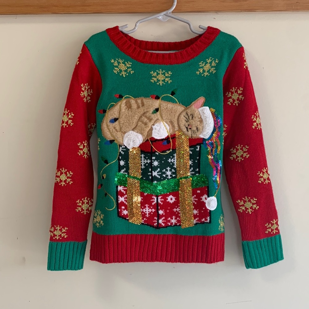 CELEBRATE TOGETHER Cat Ugly Christmas sequin Sweater SIZE 7 NWT